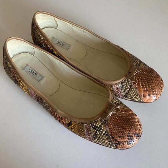 Prada Ballet Flat Leather Snake Python Patchwork Bow Brown Beige Orange … - Picture 2 of 12
